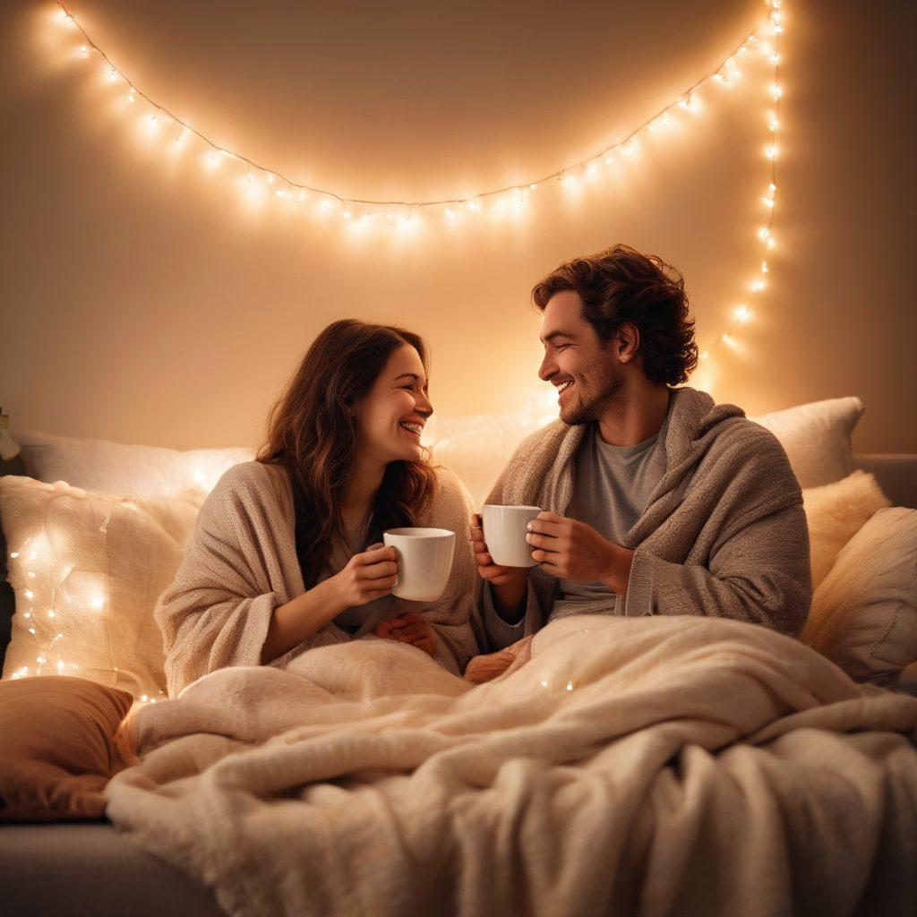 A warm and inviting scene of two people sharing a joyful moment, sitting on a cozy couch surrounded by soft blankets and pillows. Include subtle touches like a steaming cup of tea on a small table and soft fairy lights above them, symbolizing intimacy. Their expressions should convey deep affection and connection, reflecting the essence of bonding in relationships. warm tones, soft focus, romantic ambiance.
