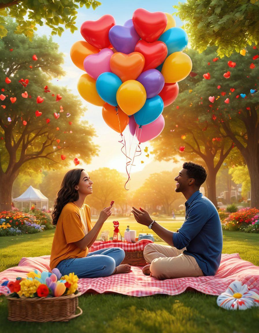 A vibrant and warm scene depicting diverse individuals engaging in open communication and laughter, surrounded by symbols of love and friendship like heart-shaped balloons and colorful flowers. The background features a cozy park setting with a picnic, emphasizing support and connection. Include a soft sunrise, symbolizing hope and new beginnings. super-realistic. vibrant colors. 3D.