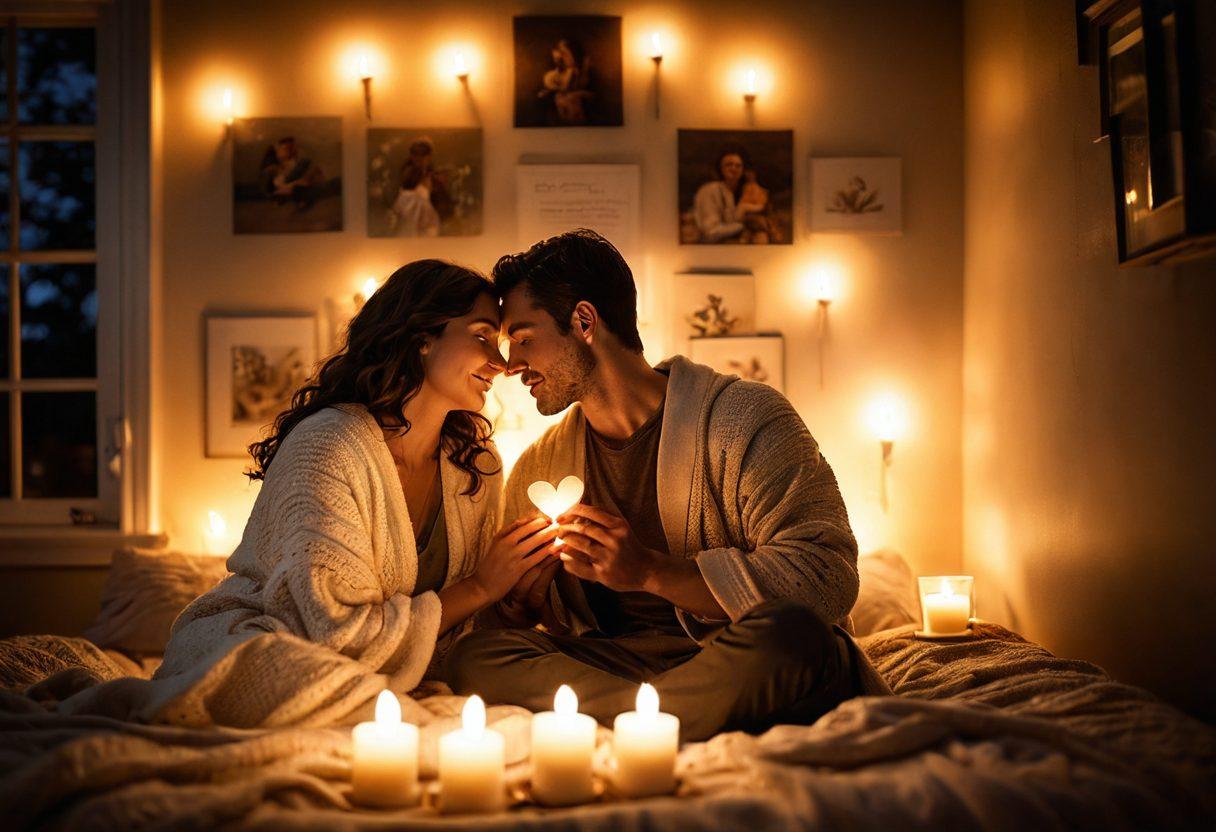 A warm, intimate scene depicting a couple sitting close together, engaged in a heartfelt conversation. Soft candlelight flickers around them, illuminating their affectionate expressions and the small details of their surroundings, like a cozy blanket and framed memories on the wall. Include symbols of connection, such as intertwined hands and a heart subtly blended in the background. soft focus. romantic lighting. warm tones.